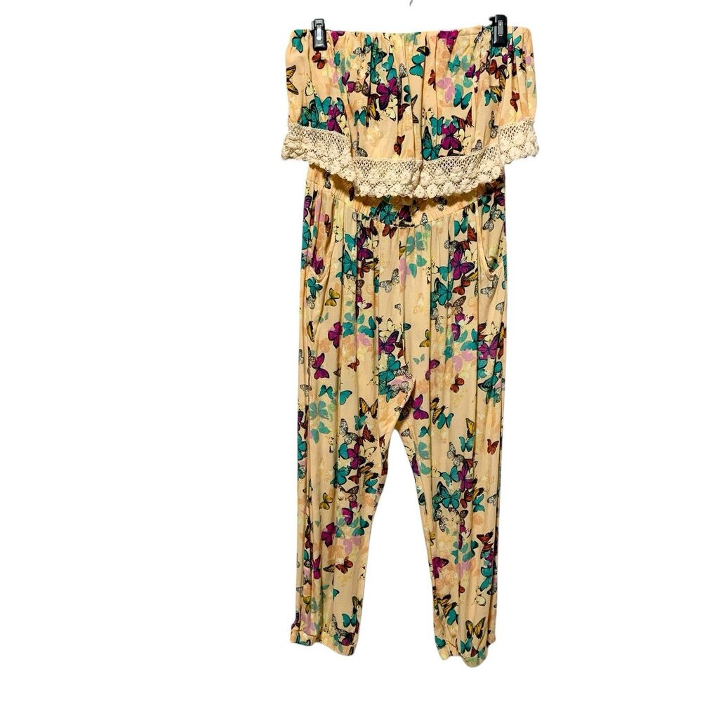 Love by Chesley Butterfly Print Off Shoulder Jumpsuit Womens 2X Boho Lace